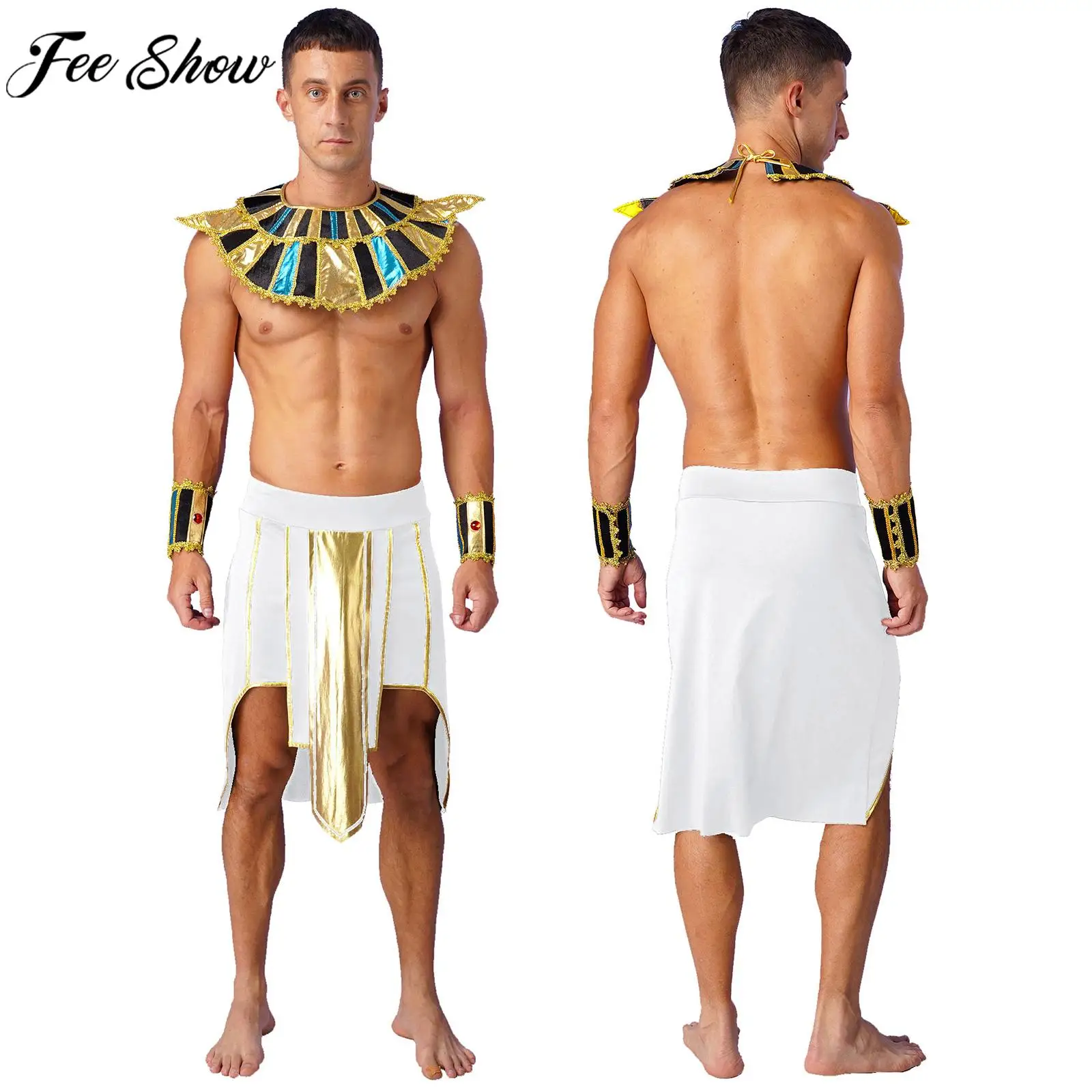 

Mens Halloween Ancient Egypt Pharaoh King Cosplay Costume Asymmetrical Hem Skirt with Cuffs Collar for Theme Party Theatrical