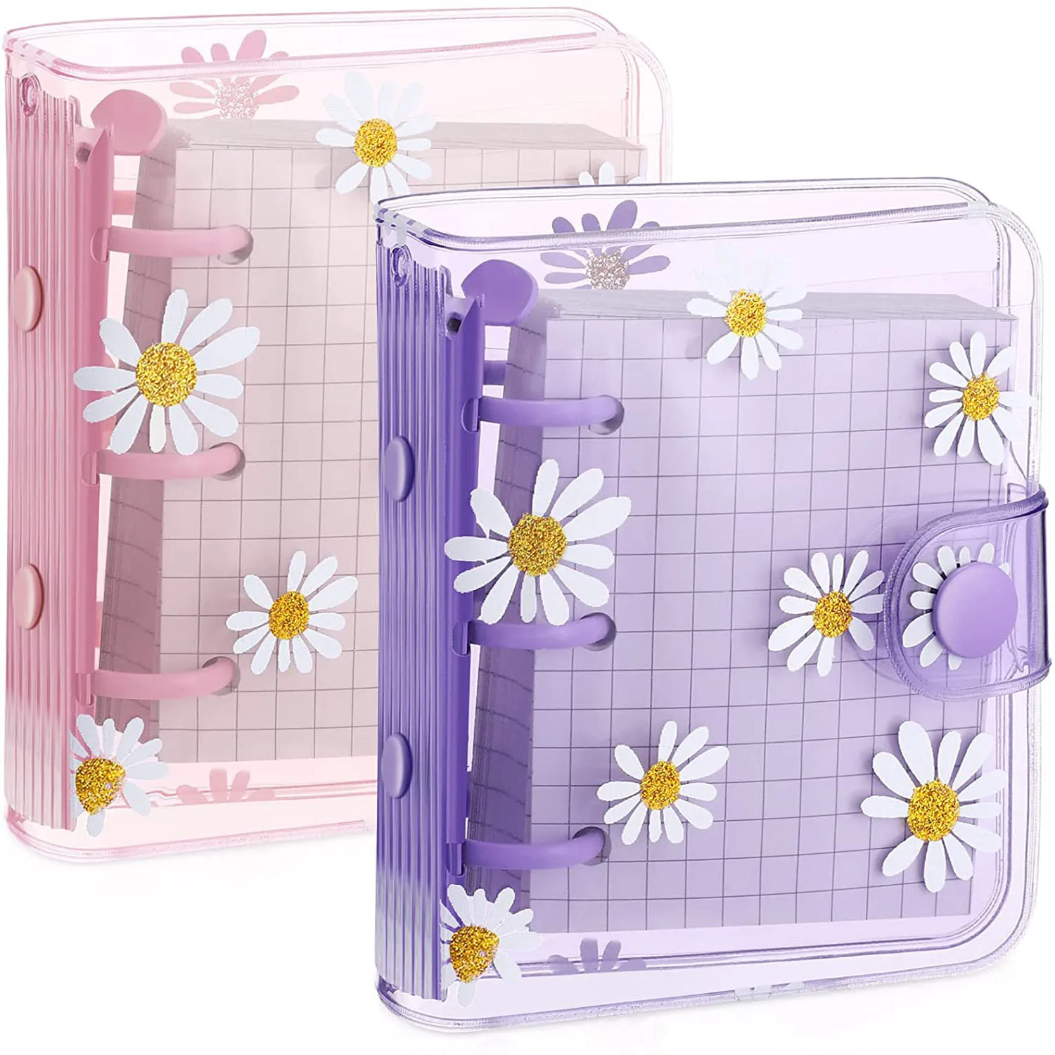 Mini Transparent PVC 3-Ring Binder Covers with 80 Inner Paper, 3pcs Binder Pockets,Mini Clear Daisy 3-Ring Loose-leaf Notebook