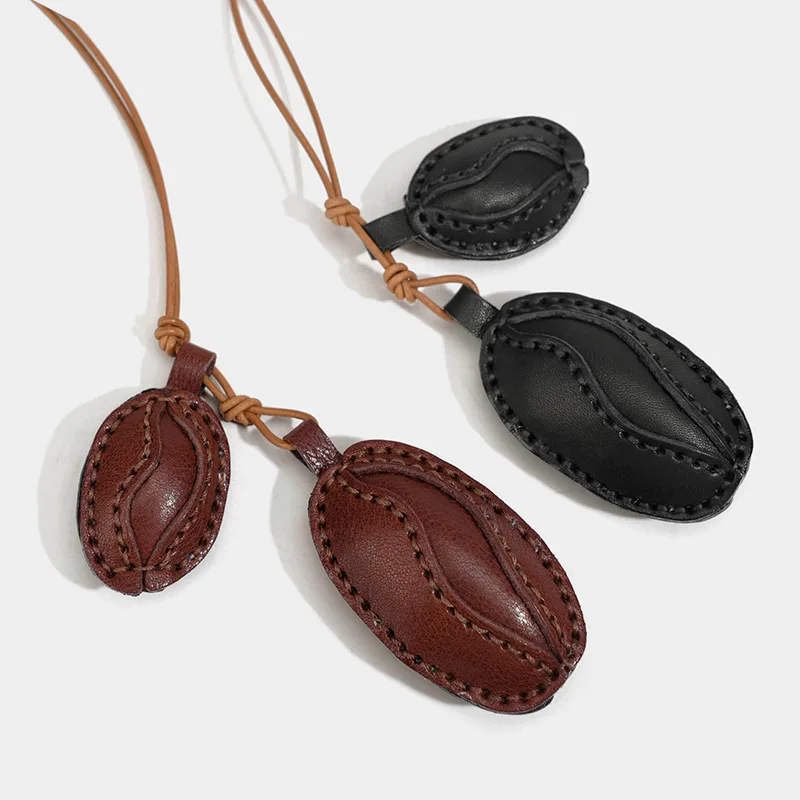 Elegant Vegetable Tanned Leather Coffee Beans Cocoa Beans Genuine Leather Keychain Pendant  Layer Cowhide Colored Bag Pendant