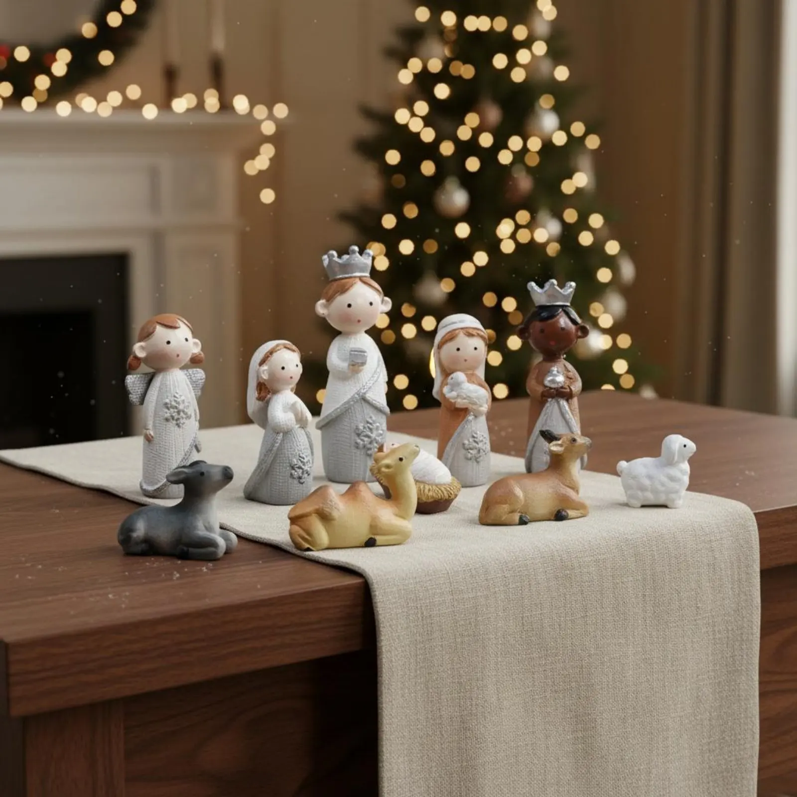 12 Pieces Christmas Manger Scene Figures Snowflake Design Nativity Scene Set Resin Jesus Birth Decoration Cute Design