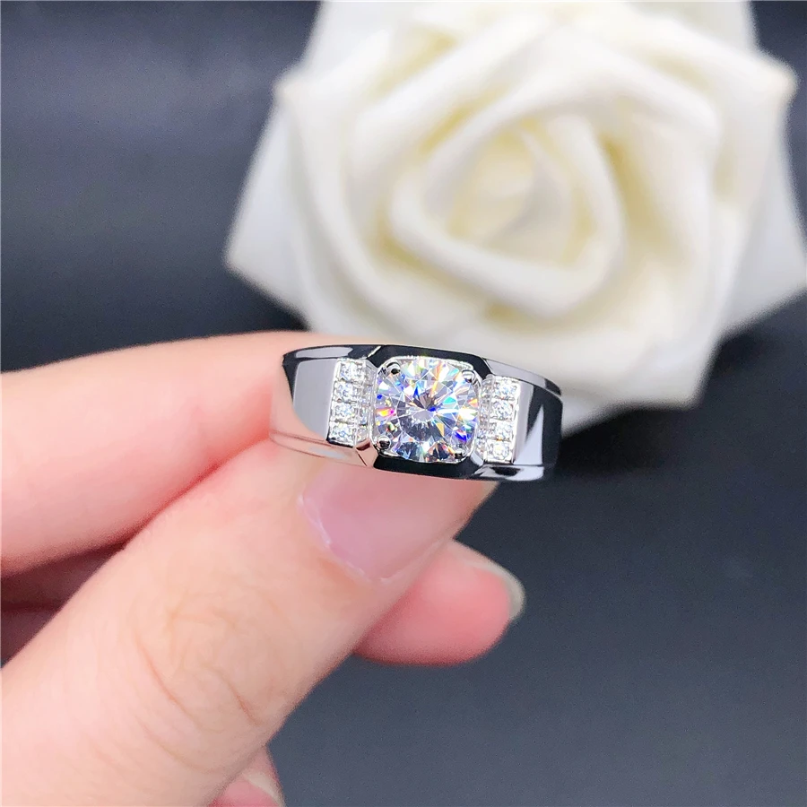 Vintage Solid 18K White Gold Men Rings Test Natural 1CT Moissanite Engagement Rings For Men Statement Gift For Husband Big Size