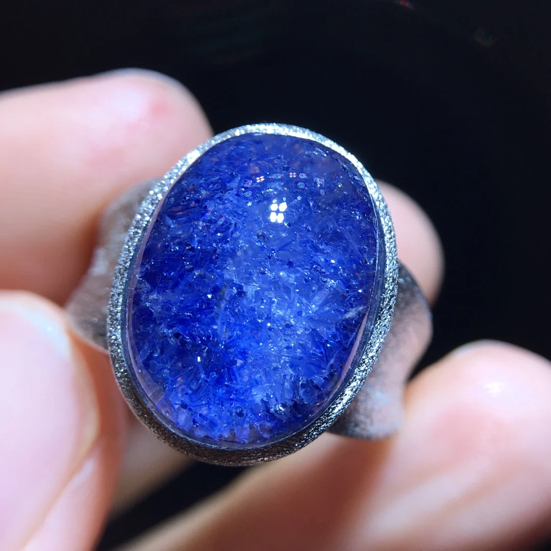 

Natural Blue Rutilated Dumortierite Adjustable Ring Woman Men 16.1/12mm Ring Jewelry AAAAAAA