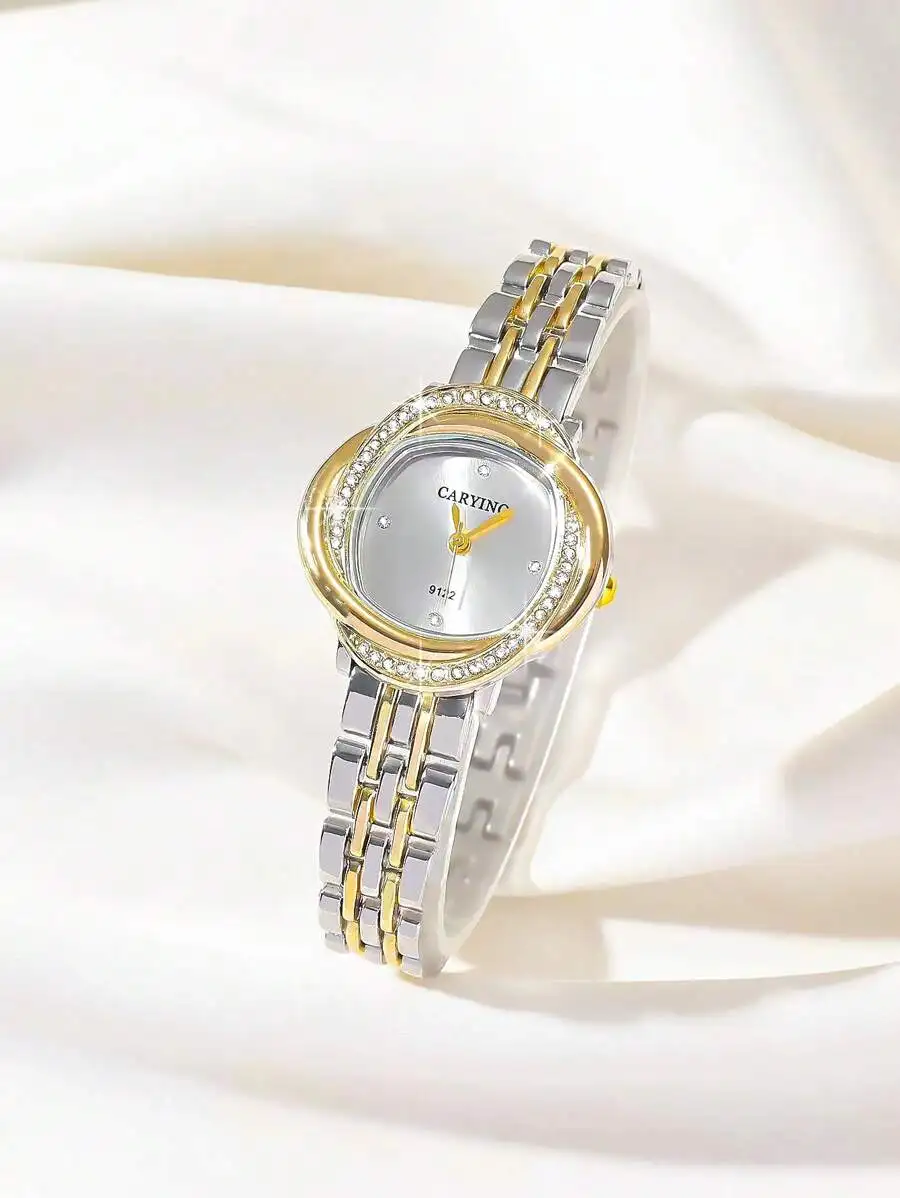 CARYINO Ladies Dual-Tone Stainless Steel Watch Band Simple Elegant All-Match Delicate Diamond Quartz Watch, Suitable For Daily