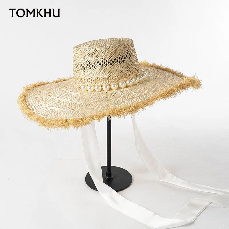 

New Sisal Summer Hollow Out Luxury Pearl Chain Ribbon Straw Hat For Women Sun Hat Elegant Holiday Beach Womens Hats Fashionable