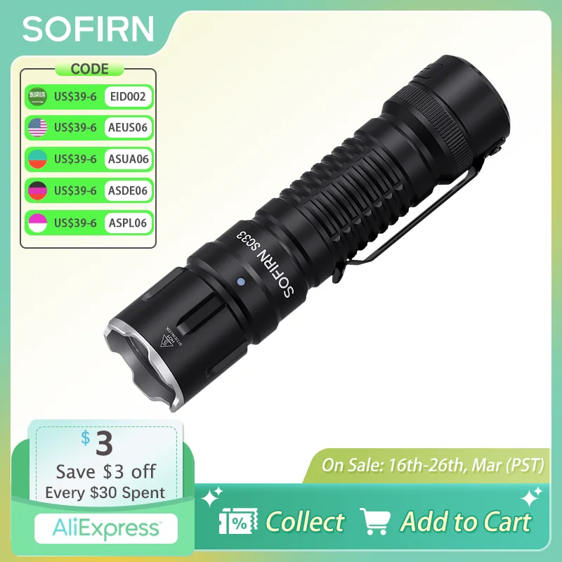 Sofirn SC33 XHP70.3 HI LED 21700 Rechargeable Tactical Flashlight 5200lm USB C with Tail E-switch Outdoor Light