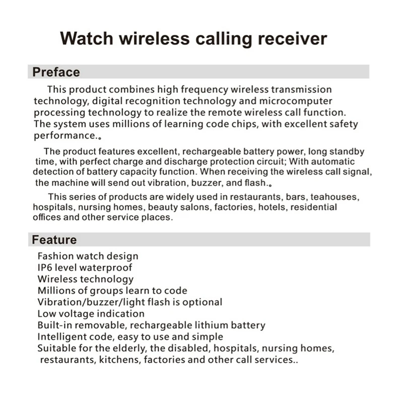 Pager opiekuna Bezprzewodowy system przywoływania pielęgniarki Przycisk ostrzegawczy Wodoodporny dla domu