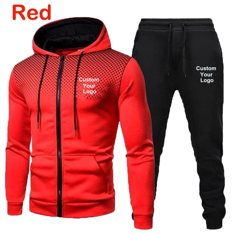 Moda uomo personalizza il tuo Logo giacca cappotto + pantaloni della tuta set di due pezzi tuta sportiva Casual da uomo tute da Jogging con cerniera con cappuccio