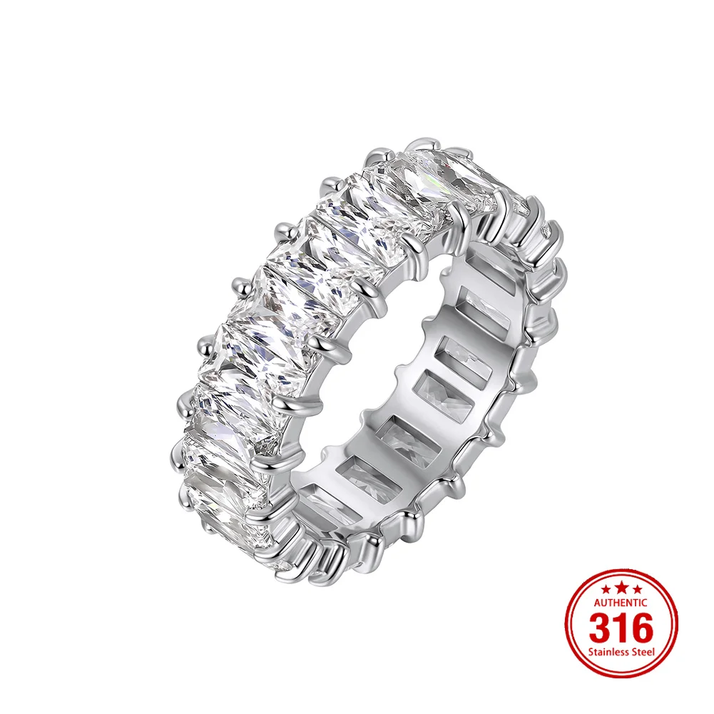 KISS MANDY Shiny Stainless Steel 5mm Full Cubic Zircon Ring For Women Vintage Party Finger Jewelry Gift Accessories HTKR03