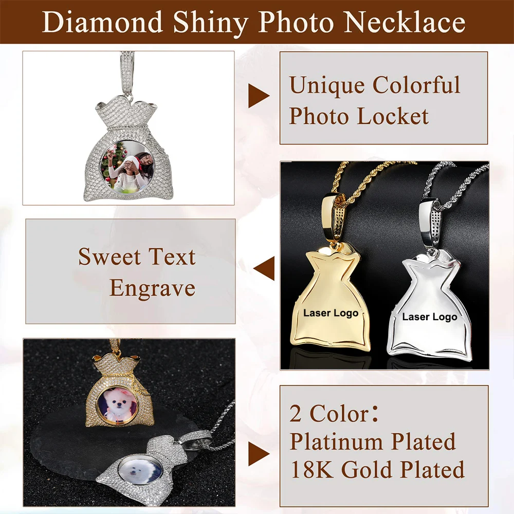 Drop Shipping Custom Hip Hop Gold/Silver Plated Money Bag Charms Jewelry Locket Photo Iced Out Pendant With Picture