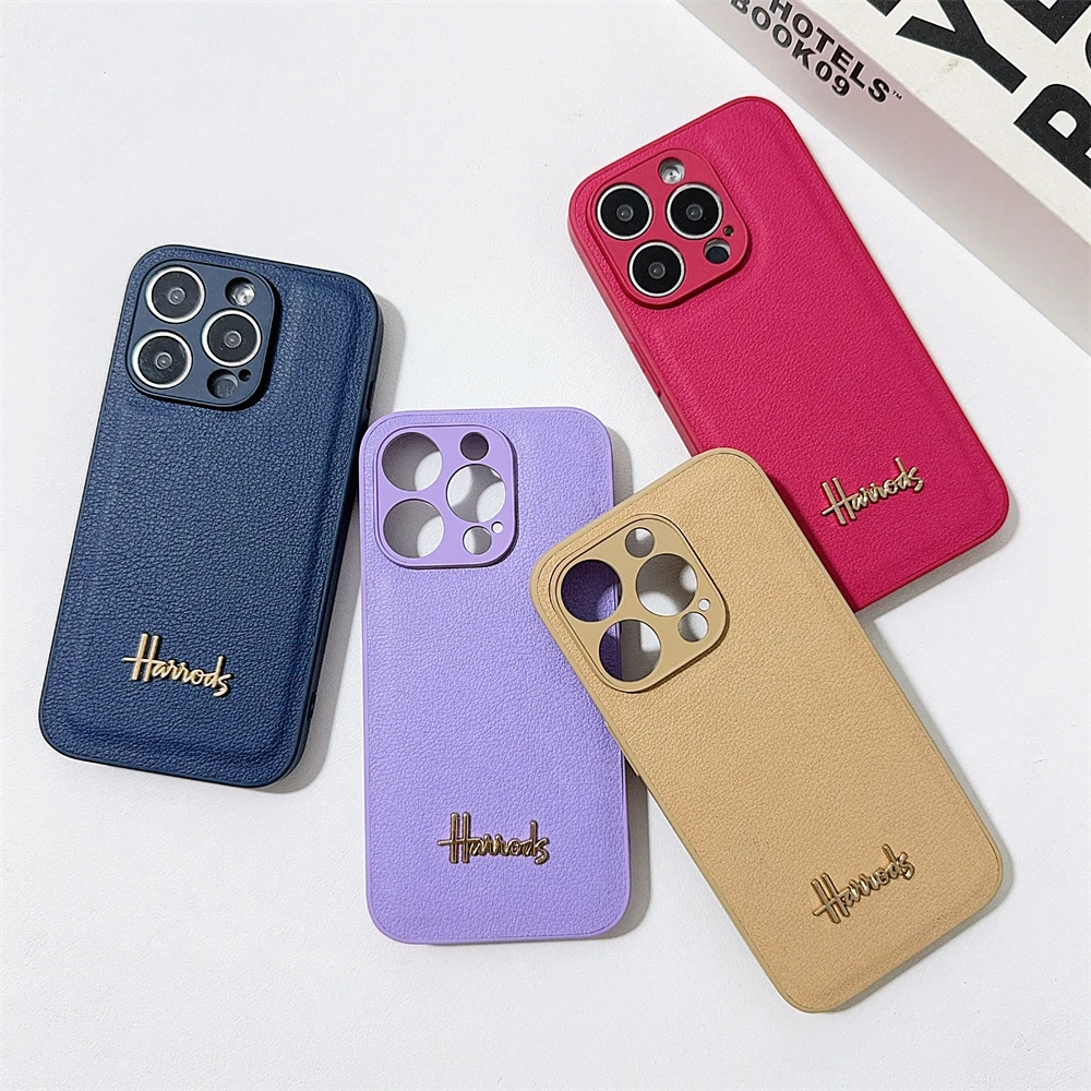 

simple business 3D Metal letter PU leather Couple Case for iPhone 15 14 Phone Cover 13 12 11 Pro MAX Hard Shockproof Back Funda