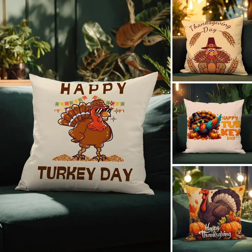 Cute Turkey Celebrate Thanksgiving Pillow Case Pattern Printed Pillowcase for Living Room Sofa Cushion Cover & Bedroom Decor