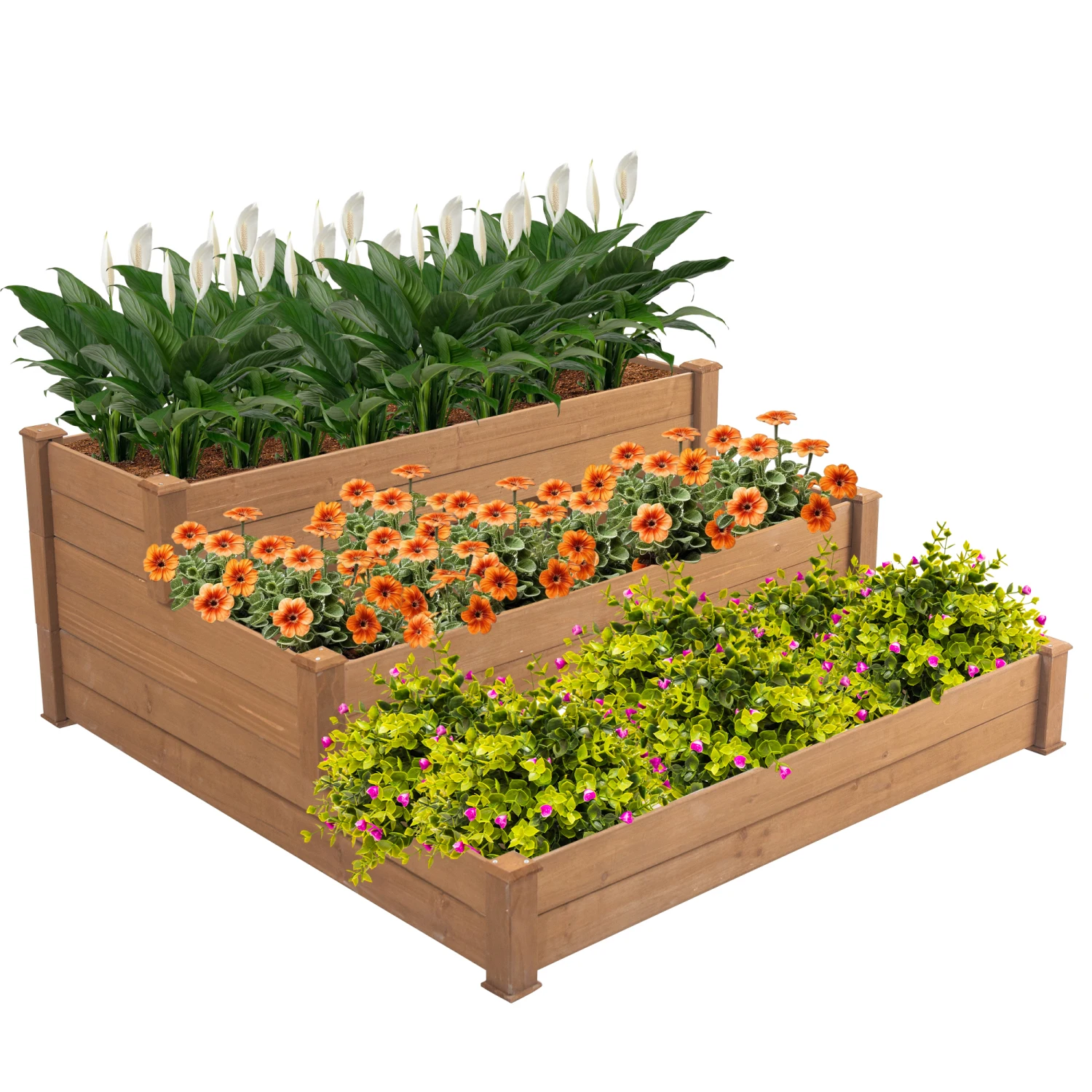 

48.6 x 48.6 x 21in Raised Garden Bed Horticulture Outdoor Elevated Flower Box Tiered Garden Bed Wooden Vegetables Brown