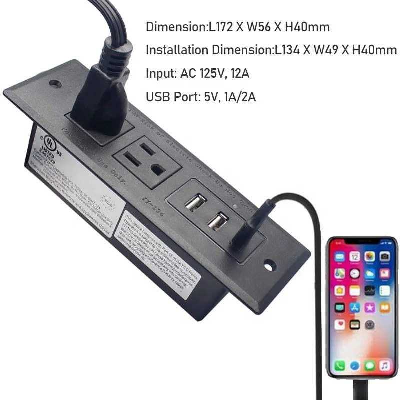 3 USB 2 Outlet Power Strip Table Desk Surface Mountable Recessed Furniture USA