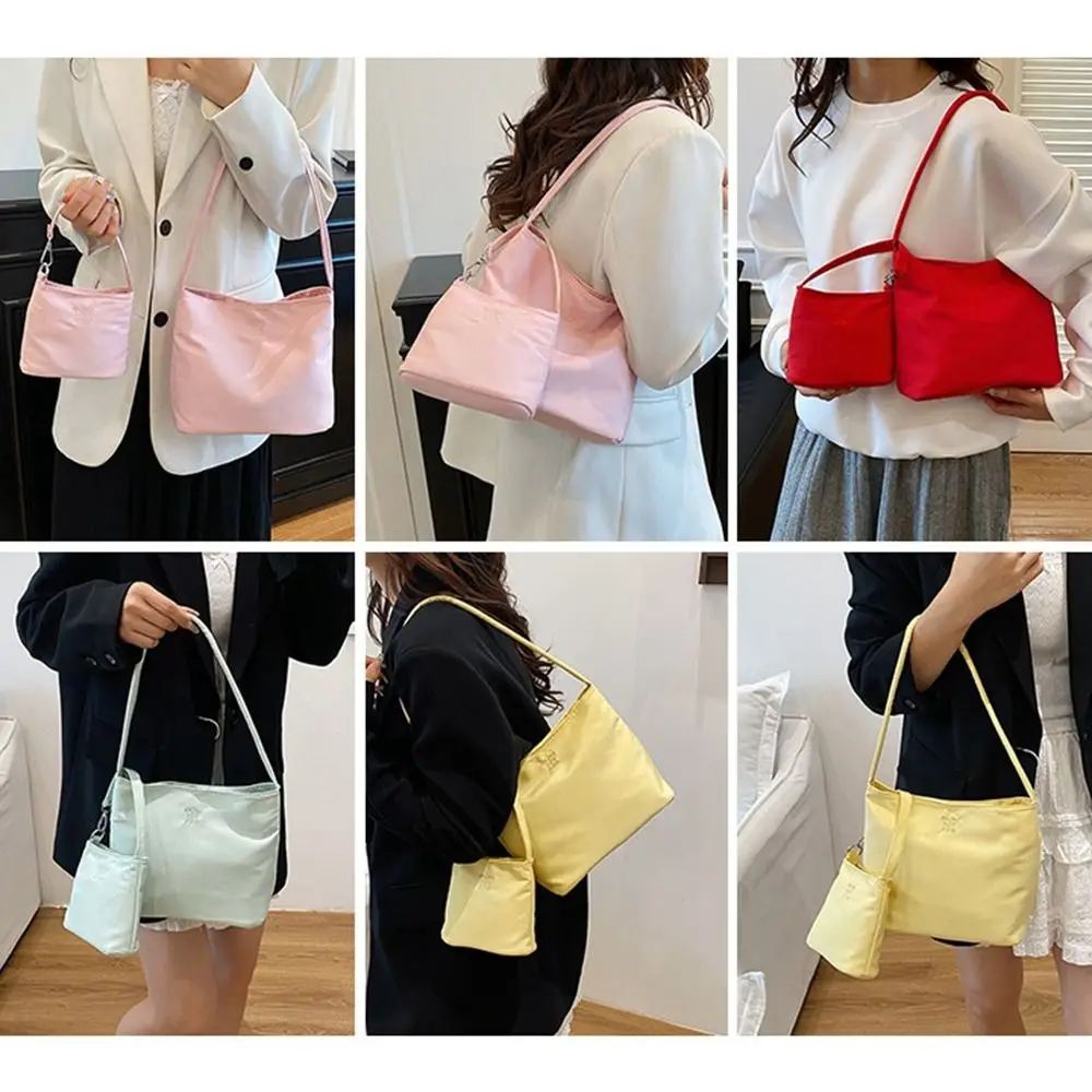 Korean Style Nylon Tote Bag Pure Color Handbag Embroidery Letter Underarm Bag Large Capacity All-match Cloth Shoulder Bag Girls