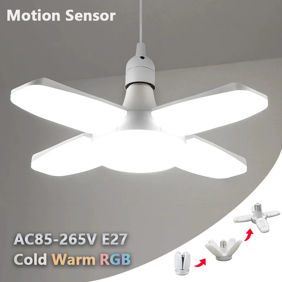 E27 Fan Shaped Foldable LED Bulb Motion Sensor AC85-265V 28W Lamps Deformation Suitable Ceiling Lights For Home Warehouse Garage