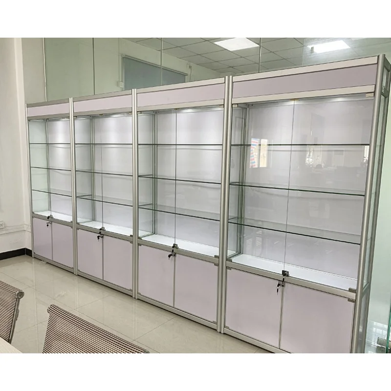 Custom, retail store glass display multi-purpose display showcase with LED lamp boutique smoke shop display cabinet