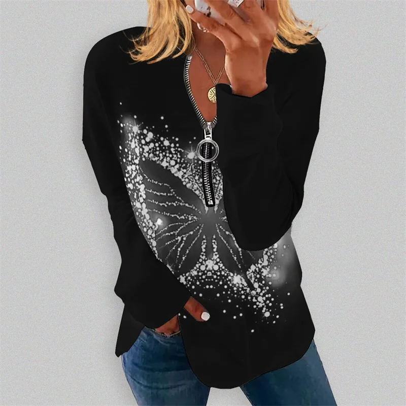 

Women's Butterfly Print Zipper V Neck T-shirt Long Sleeve Pullover Tees Fashion Elegant Casual Loose 2022 Autumn Big Basic 5XL