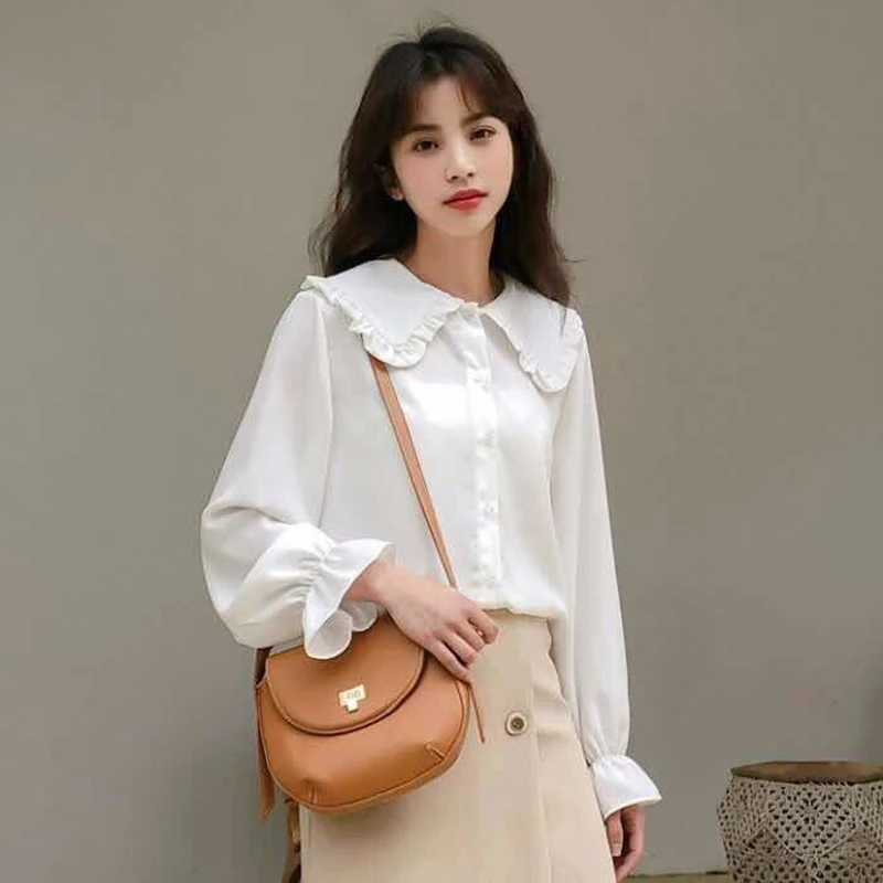 Blus lengan panjang Ruffles wanita, baju atasan kantor pakaian jalanan Vintage musim semi musim gugur, blus lengan panjang simpel kasual Korea elegan