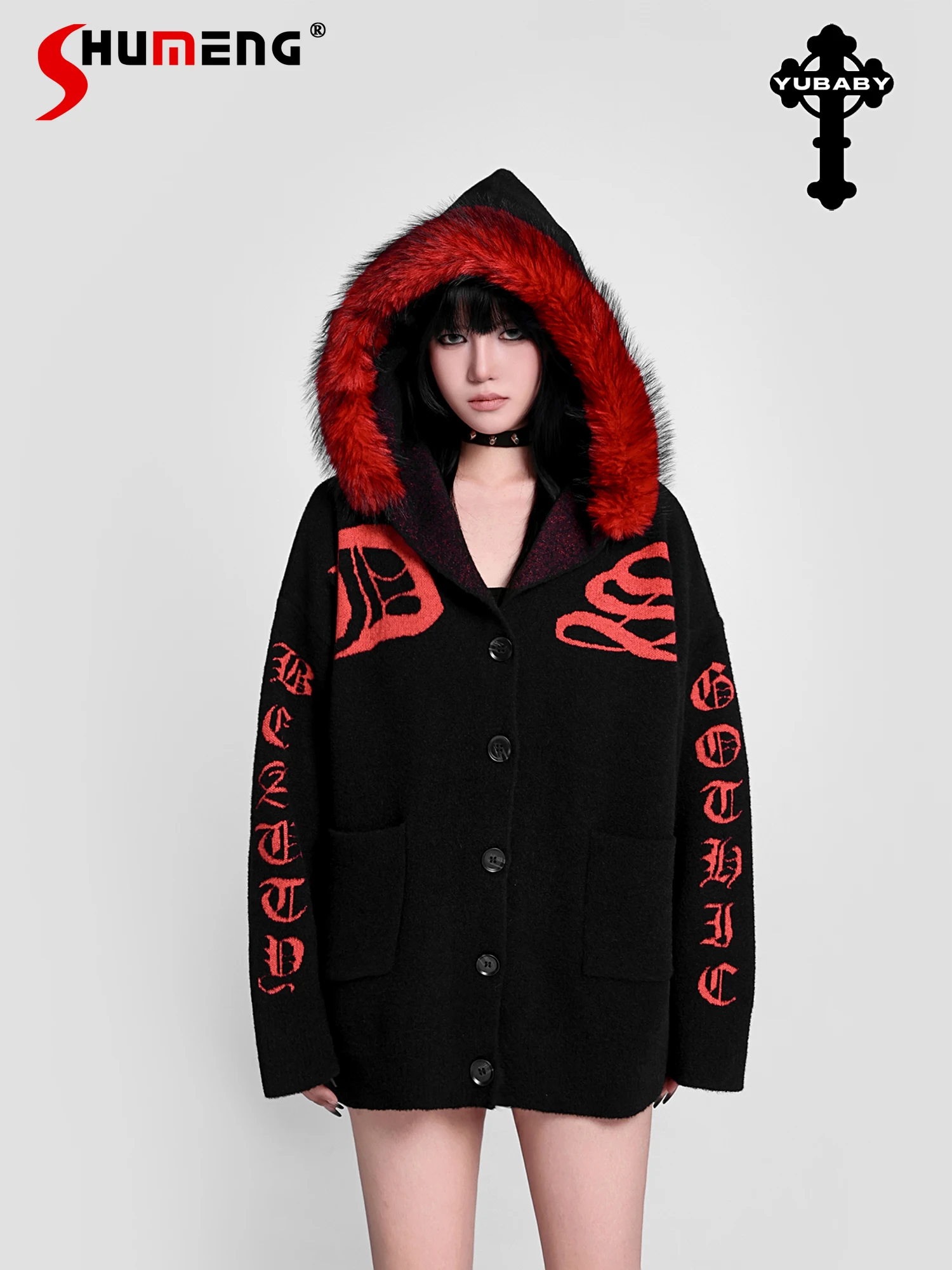 

Original Japanese Subculture Gothic Style Letter Print Loose Versatile Casual Plush Hooded Knitted Sweater Cardigan for Women