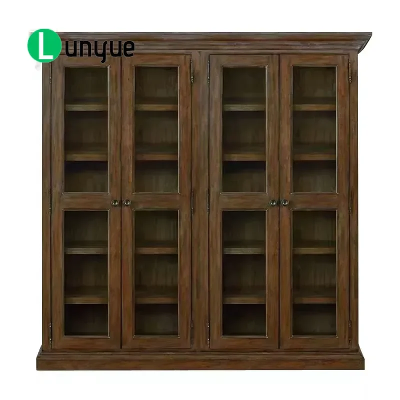 American Rural Retro Solid Wood Display Cabinet with Glass Door Simple Study Bookcase Storage Furniture for Home Office