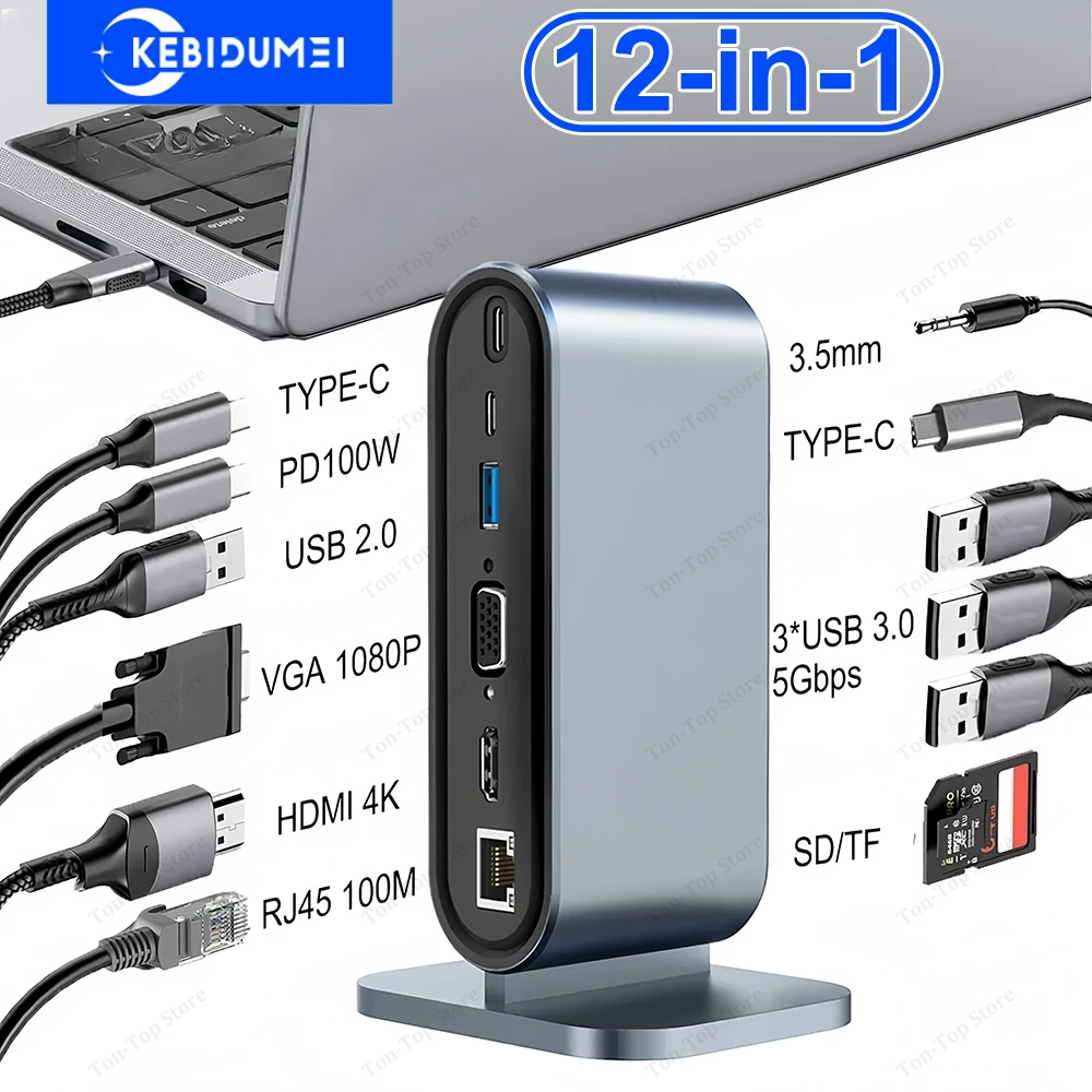 12-in-1 USB C Docking Station TYPE C to HDMI Adapter 4K HD PD 100W VGA RJ45 3.5mm SD TF USB 3.0 Splitter for Laptop MacBook