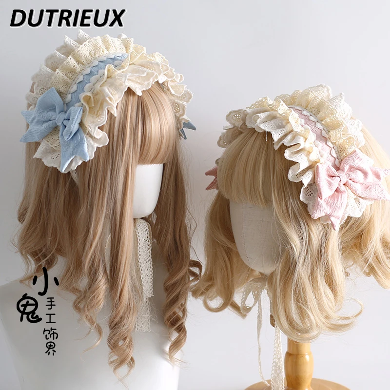 Japanese Style Original Lolita Headband Sweet Lace Contrasting Hair Accessories Bow Cute Girls Versatile Lace-up Headgear