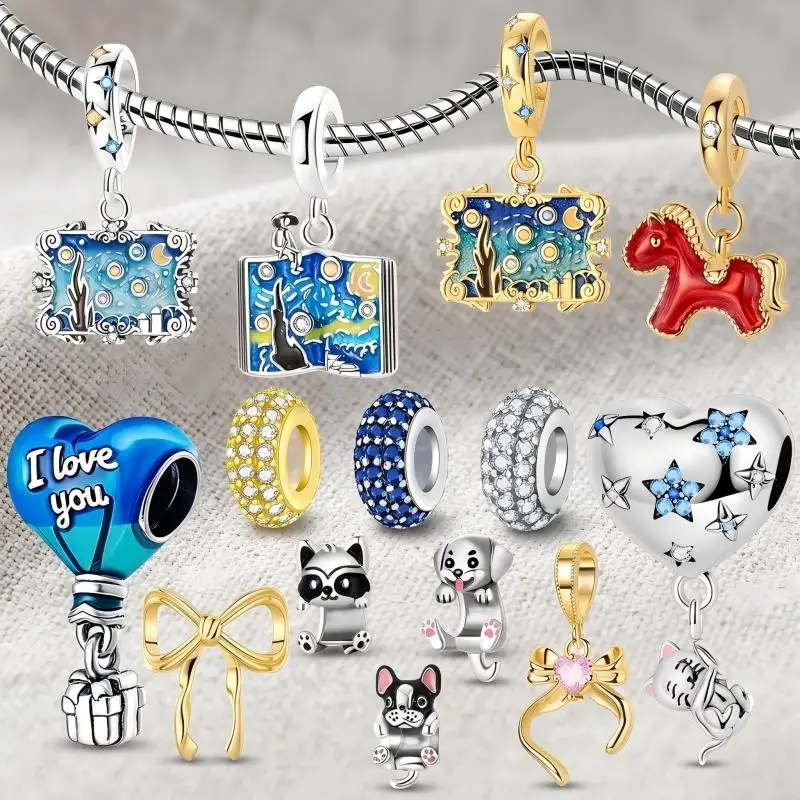 Charm Beads Fits Bracelet Enamel Van Gogh Starry Sky Pendant Cute Animal Dog Cat Raccoon Horse Beads DIY Jewelry Making Gifts