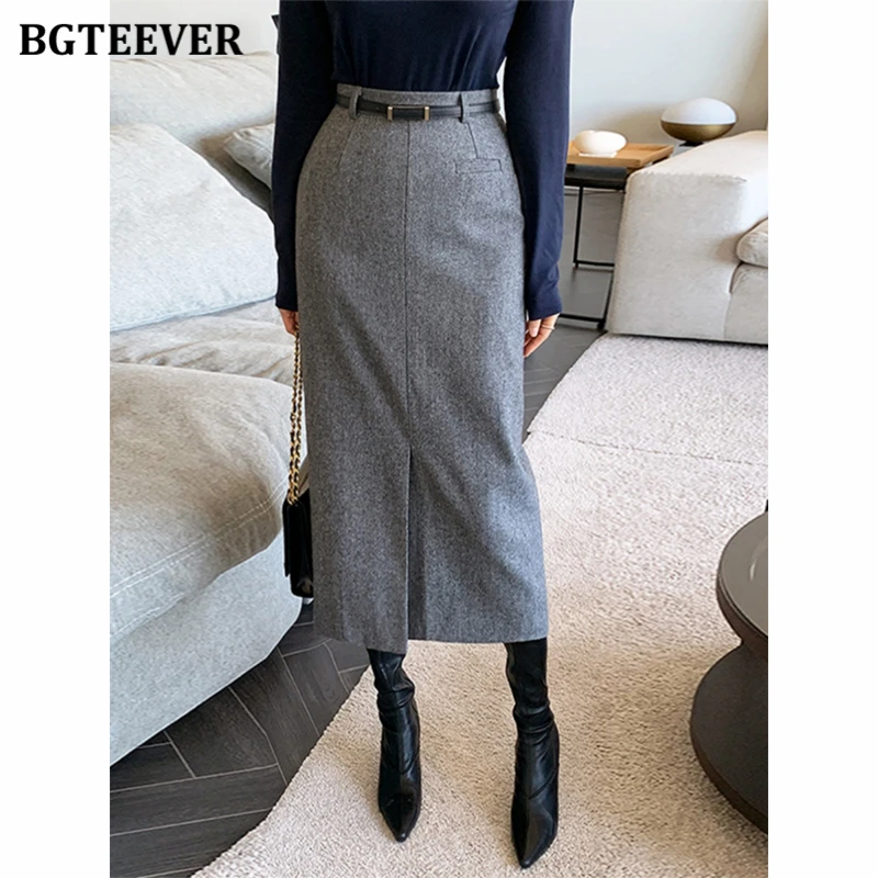 BGTEEVER Vintage High Waist Female Split Skirts Elegant Skinny Mid-Length Woolen Skirts for Women Autumn