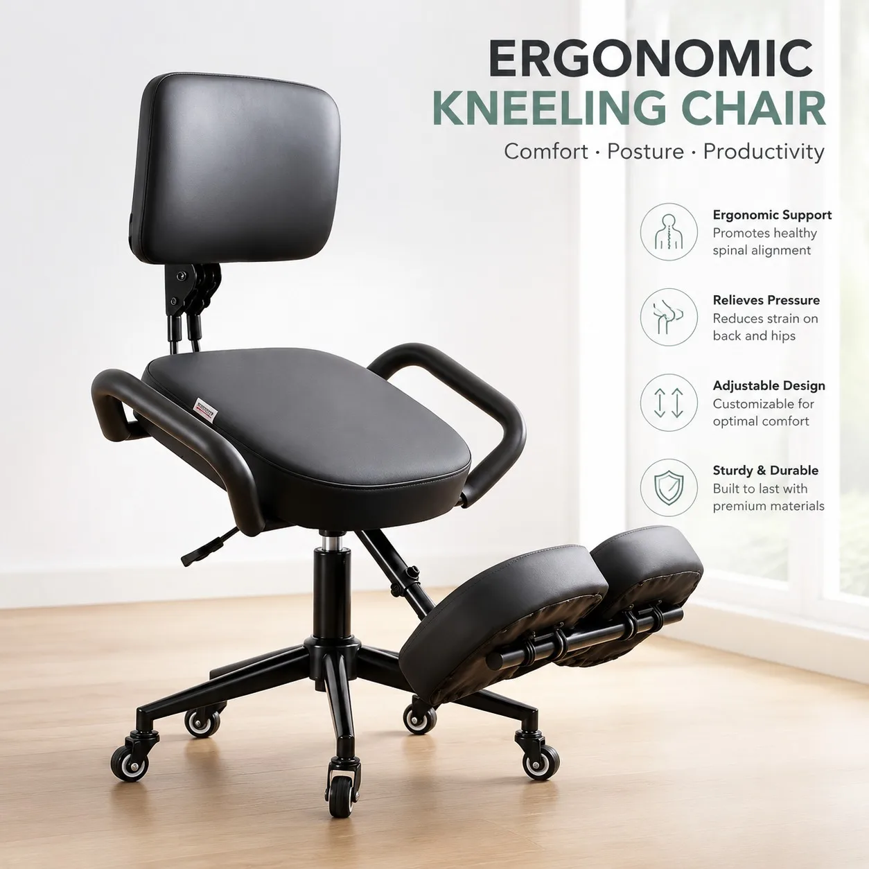 Ergonomic Kneeling Chair with Adjustable Height and Tilt, Back Support for Upright Sitting at Desk