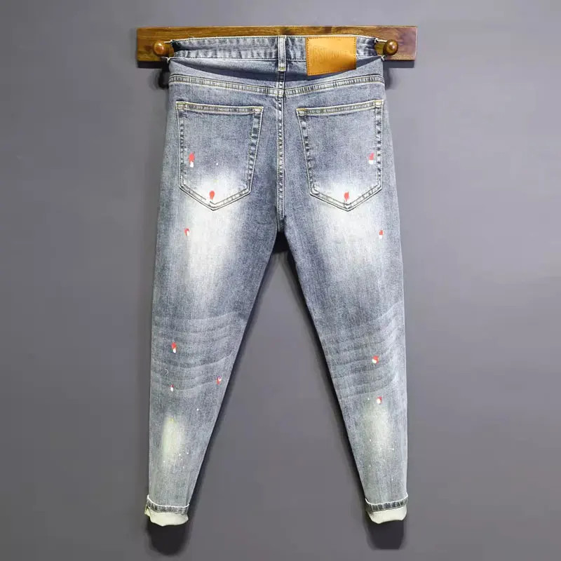 

Street Designer Fashion Men Jeans Retro Blue Stretch Slim Fit Painted Ripped Jeans Men Y2K Hip Hop Vintage Denim Pencil Pants