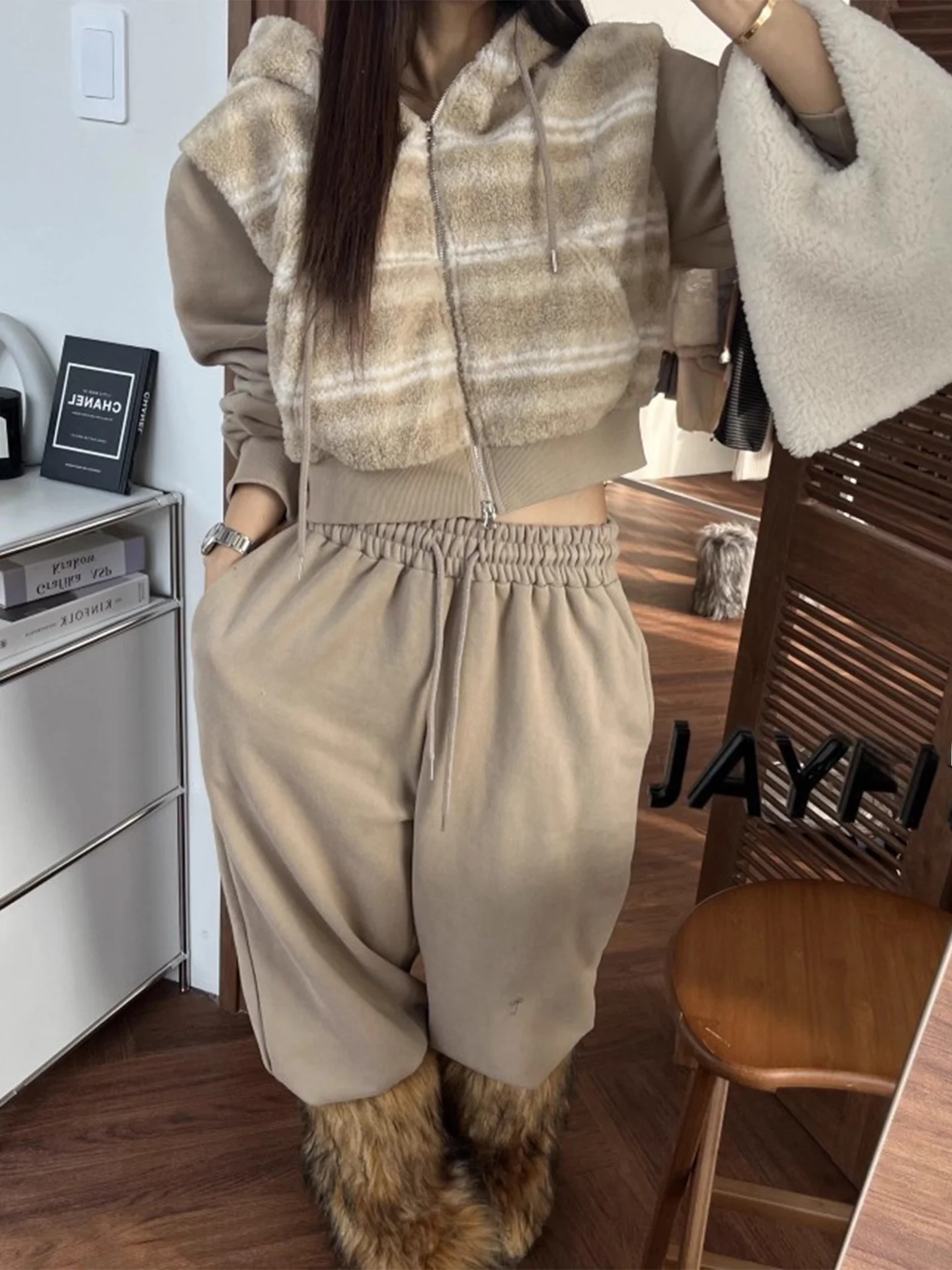 Faionable المرقعة مخطط لامب المخملية البلوز Jaet الشتاء مرونة الخصر عارضة السراويل الطويلة المرأة فرقة مجموعة