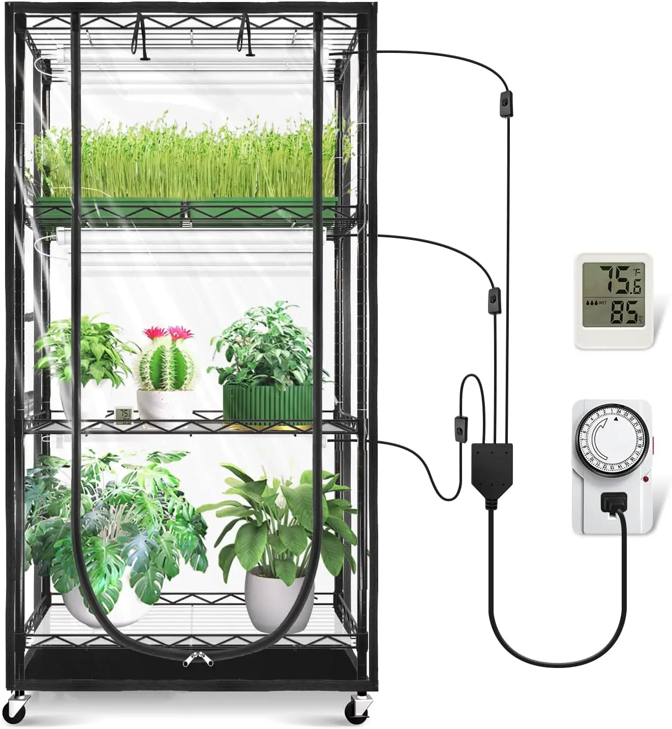 

Тепличка для выращивания растений в помещении с полноспектральной LED-лампой, регулируемыми полками, таймером и гигрометром, на передвижной подставке (23.6x13.8x59 дюймов)