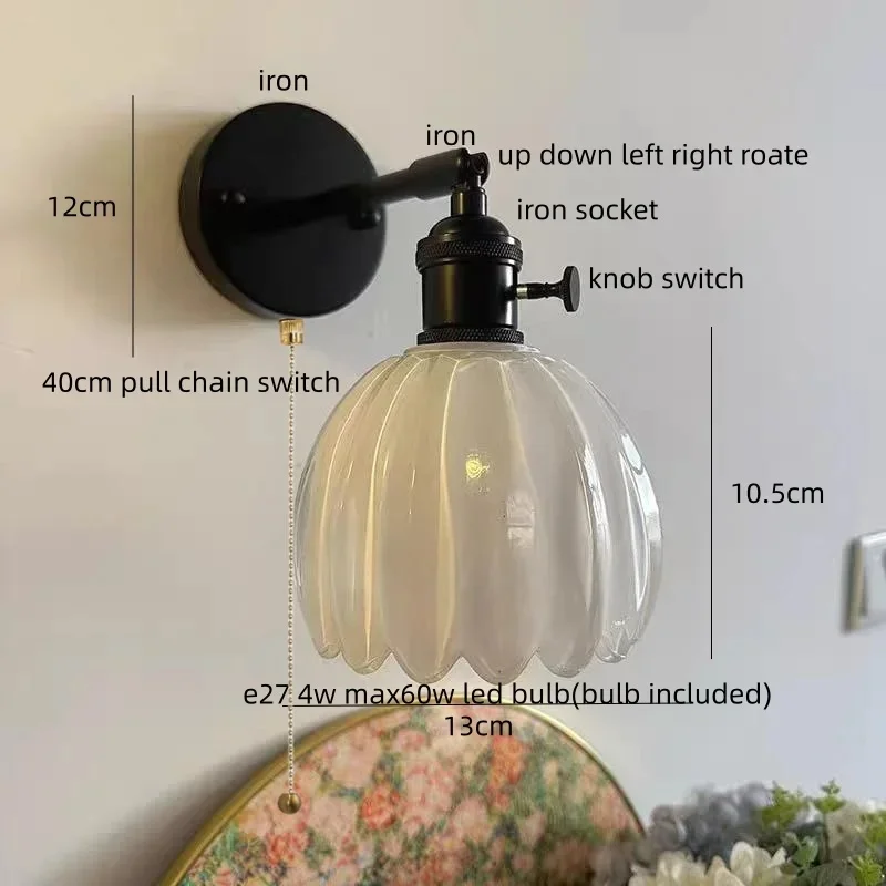 Vintage Adjustable Wall Sconce with Green Ribbed Glass Shade & Pull Chain for Bedroom