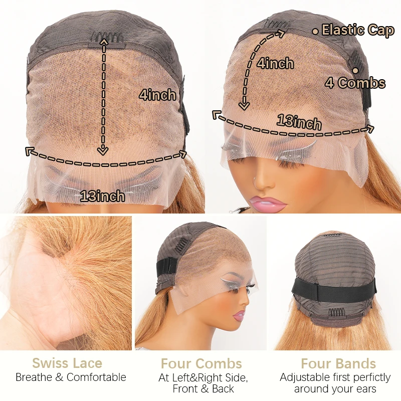 13x4 Honey Blonde Straight Wig Human Hair 180% Density #27 Colored Brazilian Transparent Lace Frontal  Straight Wigs Human Hair