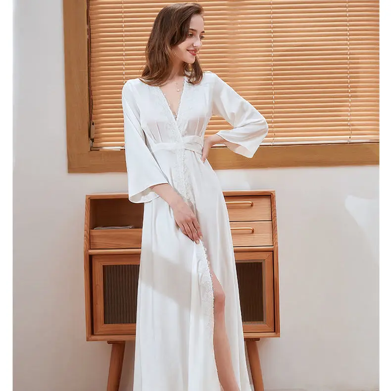 Female Rayon Long Kimono Bathrobe  Backless Lace Bride Wedding Robes Gown Marriage V-Neck Nightgown Sleepwear French Vestidos