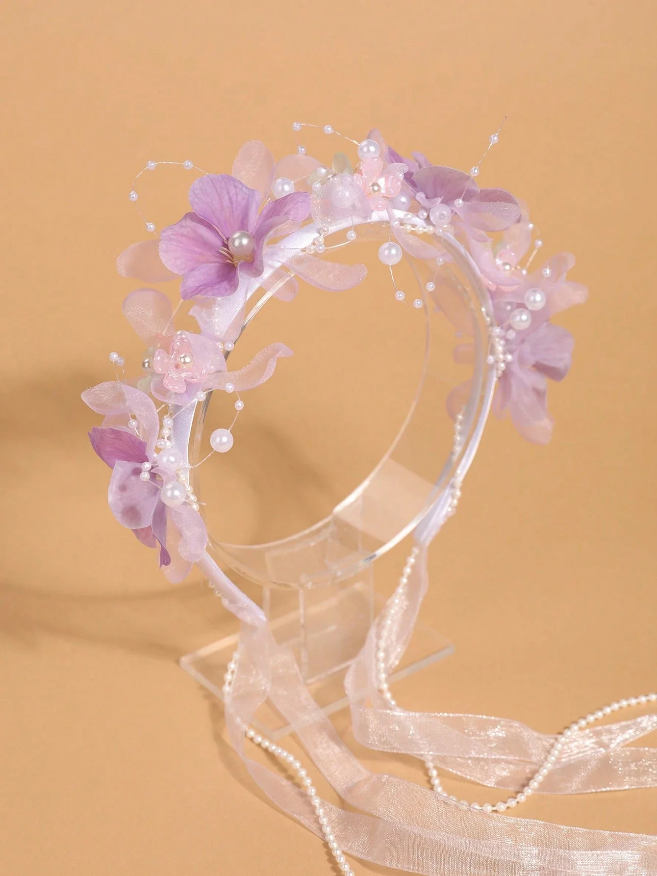 

Elegant Faux Flower And Pearl Headband For Women, Bohemian Floral Hair Accessory With Beaded Ribbon