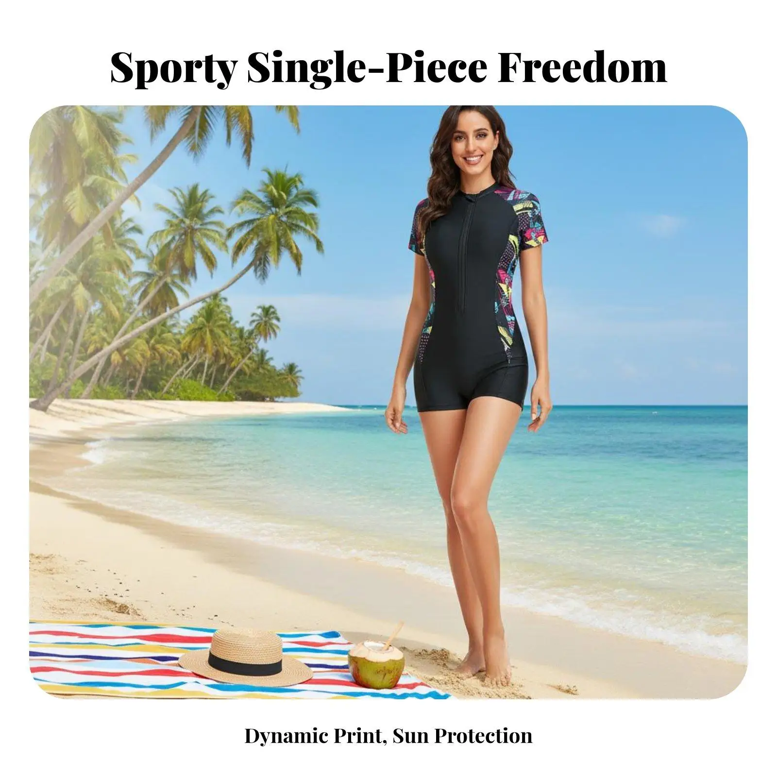 Women Short Sleeve One Piece Swimsuit Zip Front Boyleg Bathing Suit with Removable Pads Full Coverage Sporty Sun Resistant