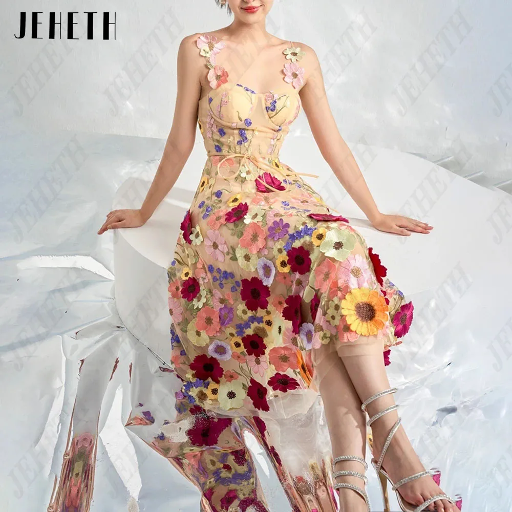 JEHETH Ricamo Pizzo Midi Prom Dresses Sweetheart Spaghetti Straps Floreale A-Line Ballkleid TeaJEHETH ricamo pizzo Midi abiti da ballo Sweetheart Spaghetti Straps Floral a-line Ballkleid Tea-Length Backless Party Dress