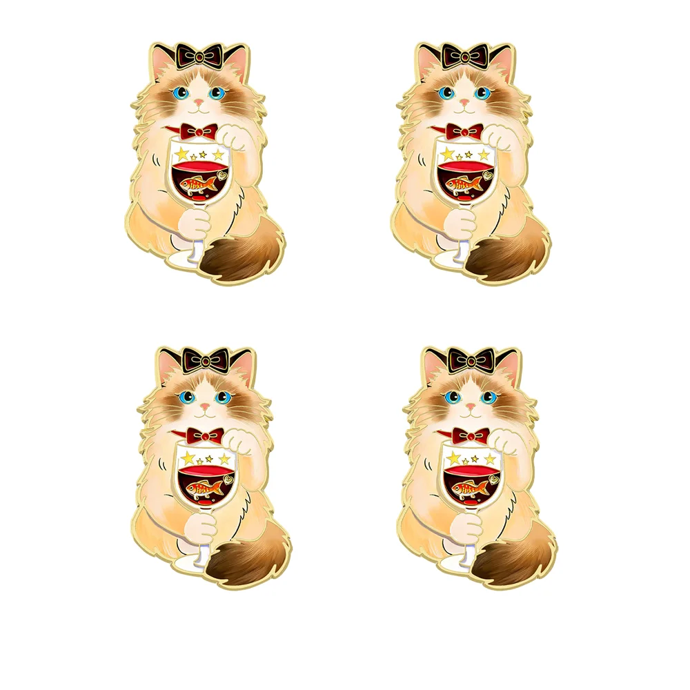 4pcs Wine Cat Enamel Pins Set Funny Waiter Cat Brooches for Backpacks Creative Red Wine Styling Bartender Cat Themed Brooch