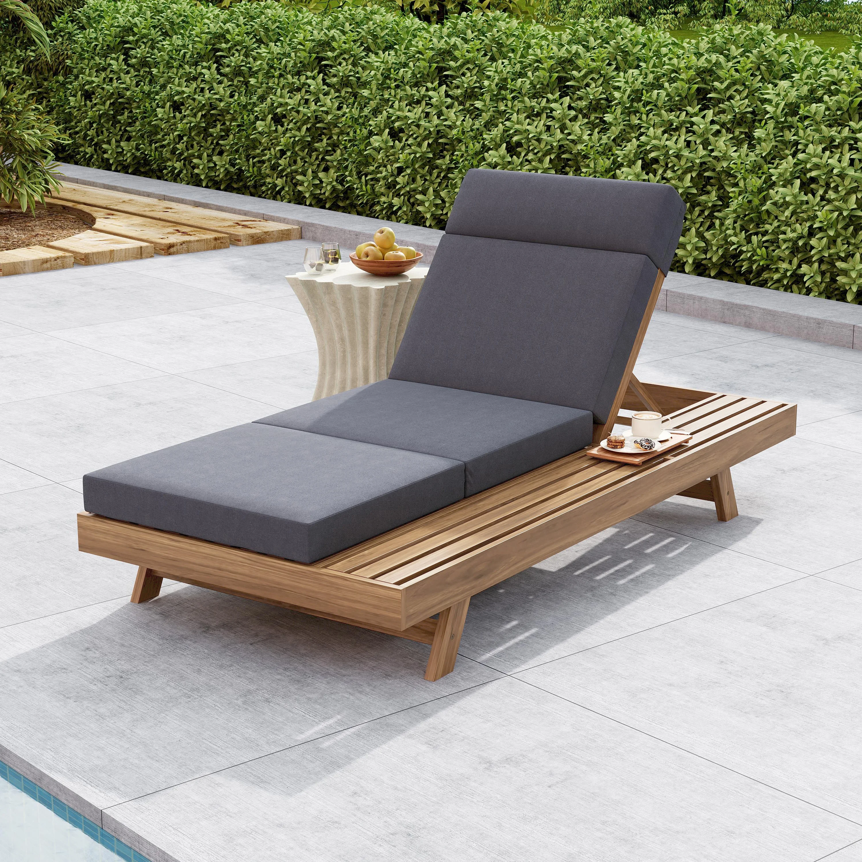 Acacia Wood Light Brown Water-Resistant Lounge Chaise Set with Dark Grey 3-Fold 4-Inch Cushions-Cream/Beige Version Available