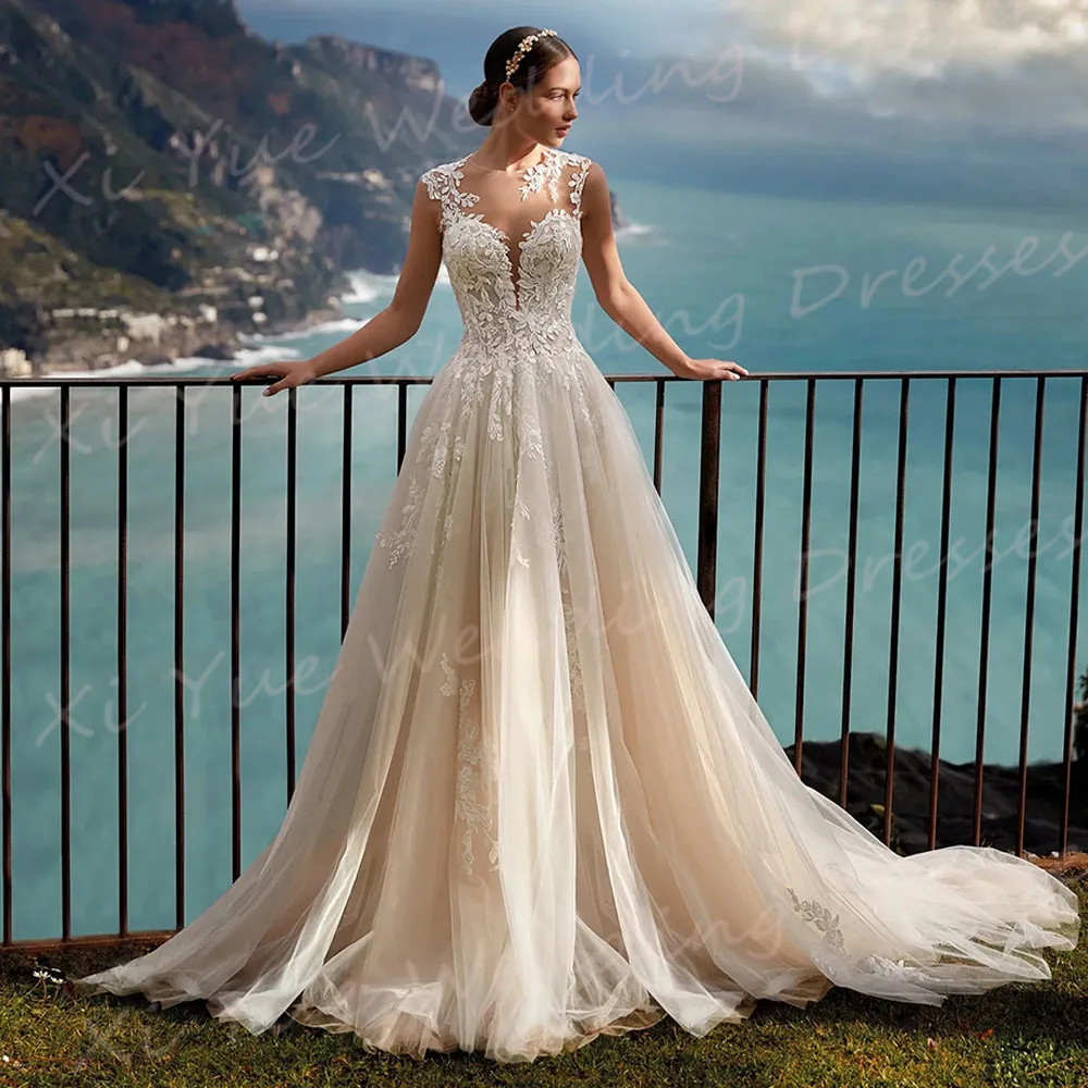 Gaun pernikahan wanita model A Line romantis gaun pengantin applique renda klasik gaun pesta ilusi lengan topi Modern Vestido De Noivas