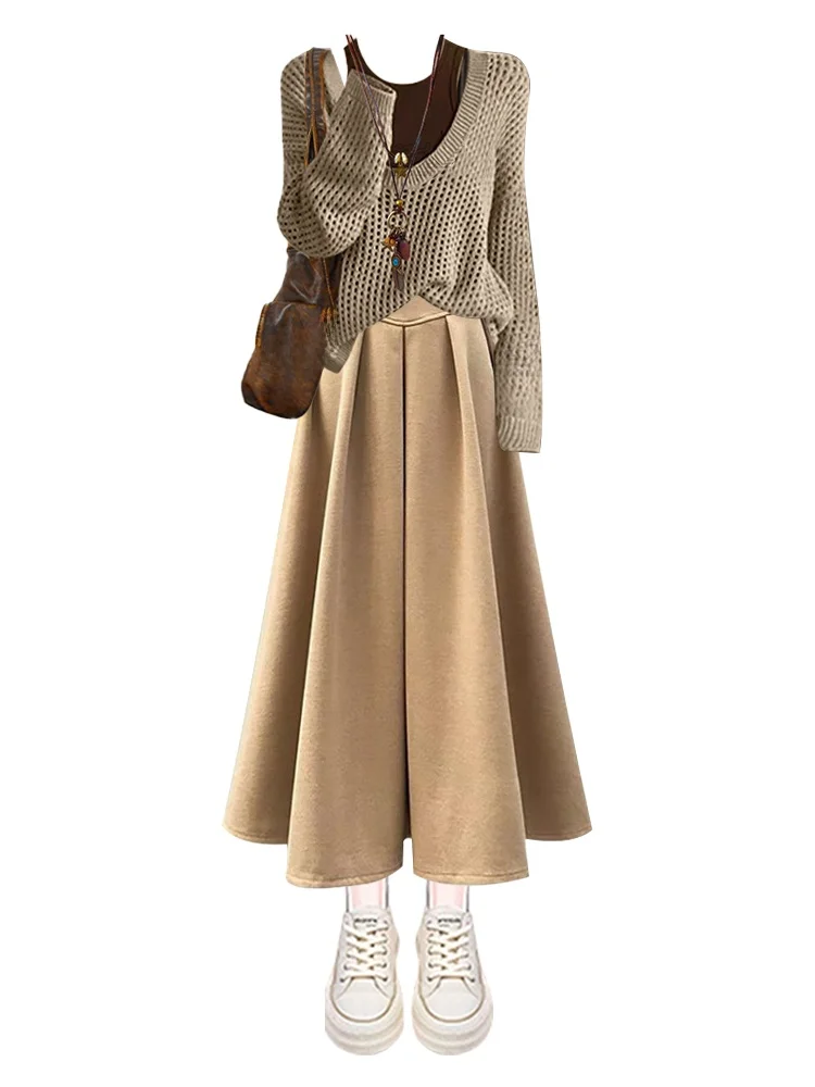 Set gilet e gonna in maglia retrò Design scavato Gonna longuette a vita alta Lunga Sve V-Ne Vestibilità ampia T-Pezzo...