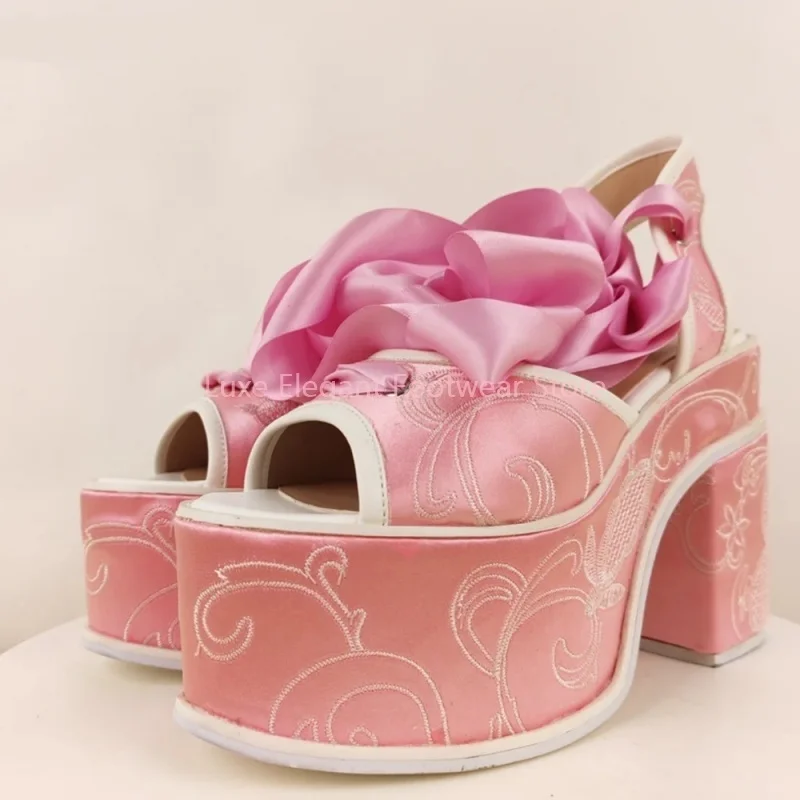 

Pink Satin Embroidery Platform Thick Heel Sandals Women Open Toe Lace Up Ankle Wrap High Heels Retro Fashion Party Catwalk Shoes