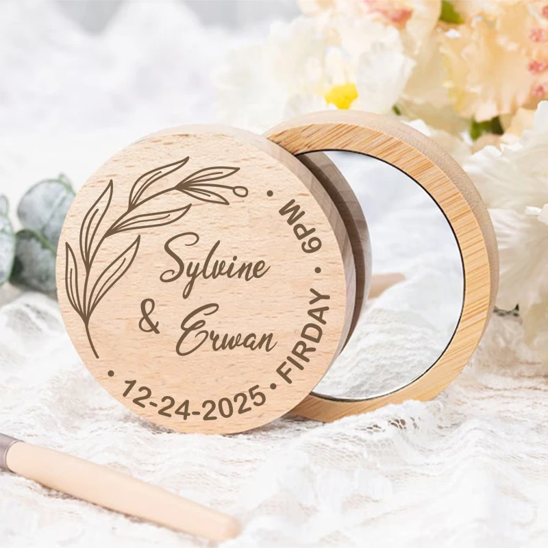 Personalized Wedding Party Favor For Girls Wooden Portable Makeup Mirror Wedding Souvenir Wood Pocket Mirror with Linen Gift