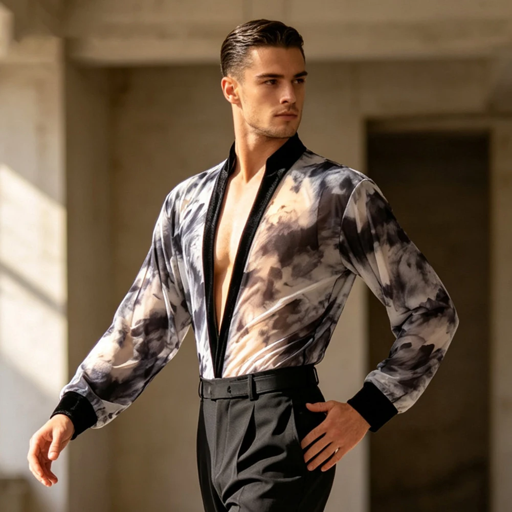 Latin Dance Men's Shirt Samba Summer New Samba Jazz Practice Suit Deep V-Neck Men's Dance Mesh Jumpsuit Long Sleeve Printed