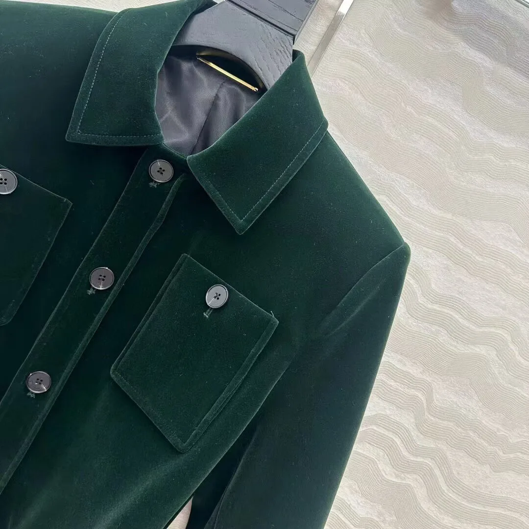 New Autumn Vintage Elegant Dark Green Velvet Jacket Women Lapel Long Sleeve Pocekts Singlr Breasted with Belt Chic Long Coat