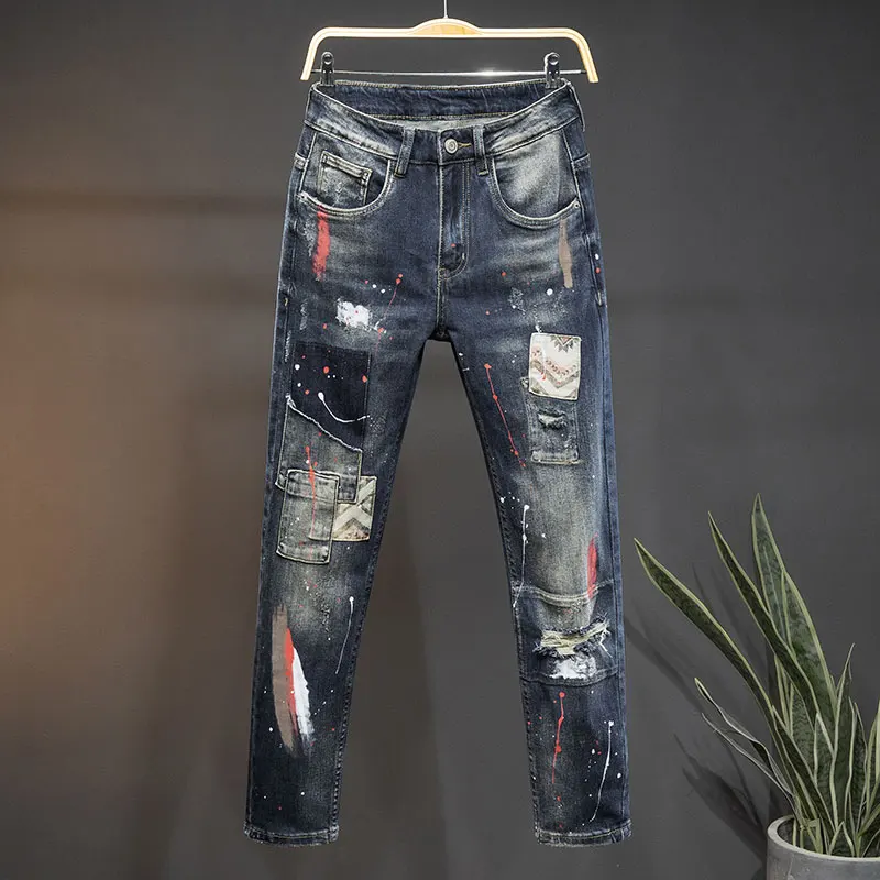 Men's Patchwork Ripped Jeans Fashion Spray Paint Pattern Trousers Male Casual Streetwear Slim Straight Leg Long Pants