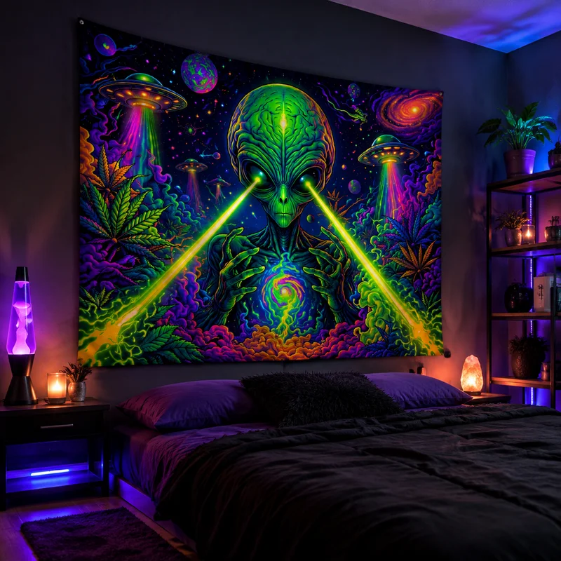 VIKAMA Psychedelic Laser-Eyed Alien Tapestry, Fluorescent Green Alien Ufo Sci-Fi Wall Hanging, e-Sports Bedroom Home Decoration