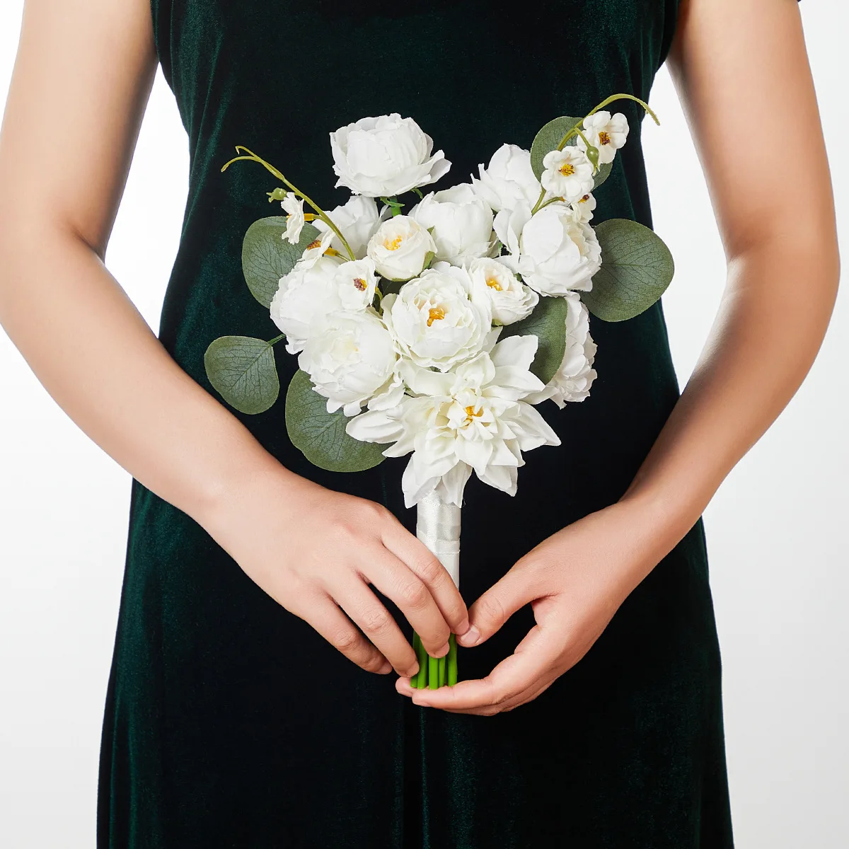 Yannew White Wedding Bouquets for Bride Bridesmaid Artificial Rose Peony Bridal Bouquet for Rustic Wedding Ceremony Decoration
