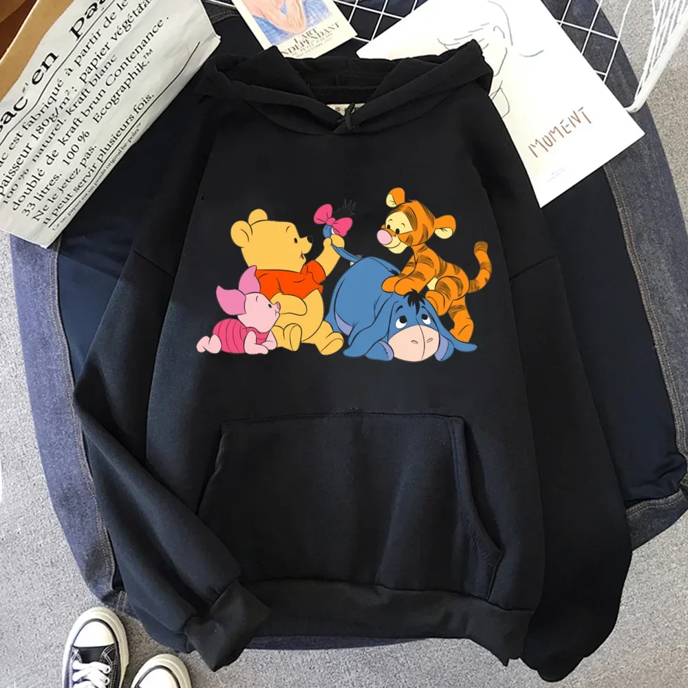 Kawaii Disney Cartoon Hoodies Winnie The Pooh Print Women Casual Hoodie Harajuku Autumn O-neck Black Pullovers Sweatshirts Tops